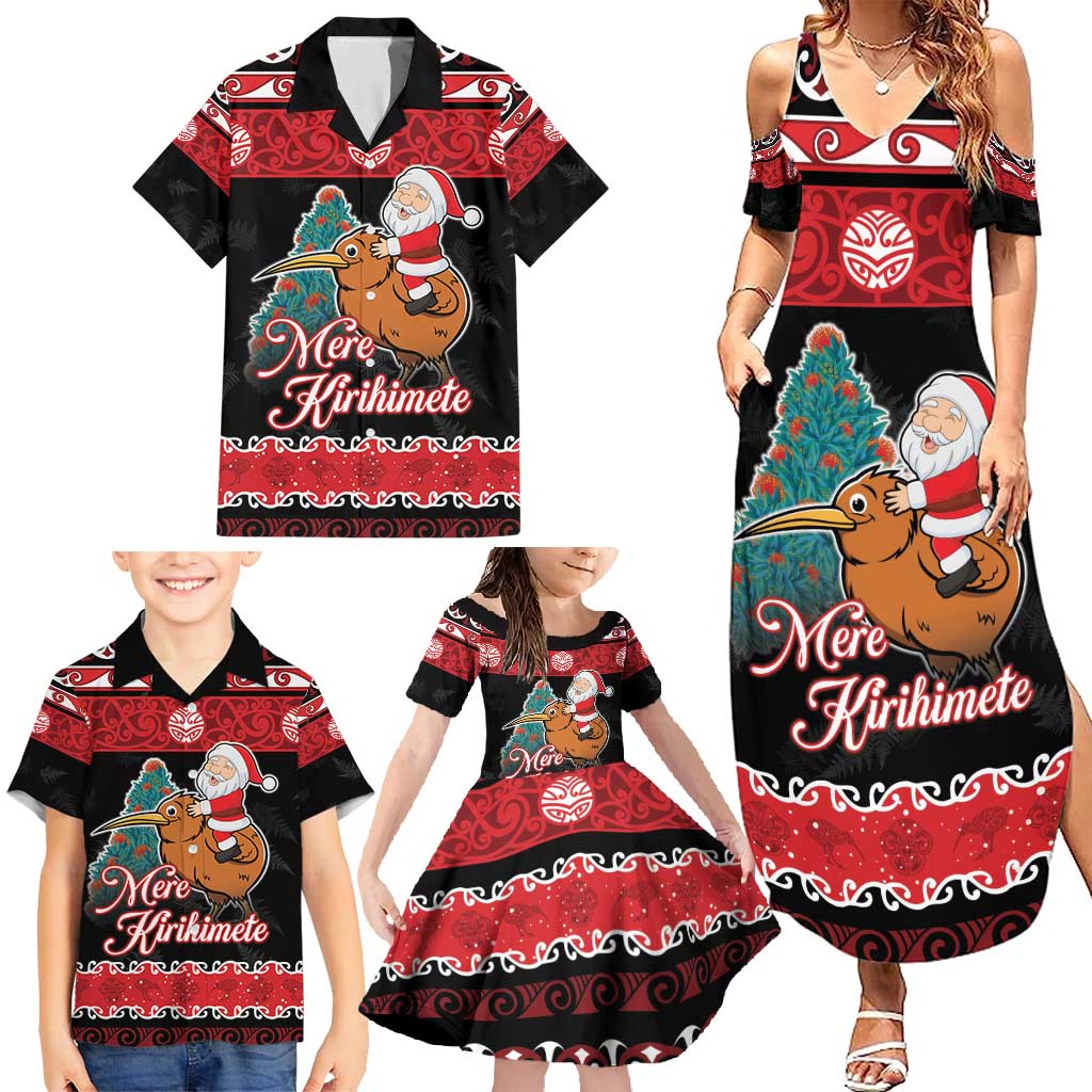 New Zealand Christmas Family Matching Summer Maxi Dress and Hawaiian Shirt Funny Santa Riding Kiwi Meri Kirihimete LT05 - Polynesian Pride