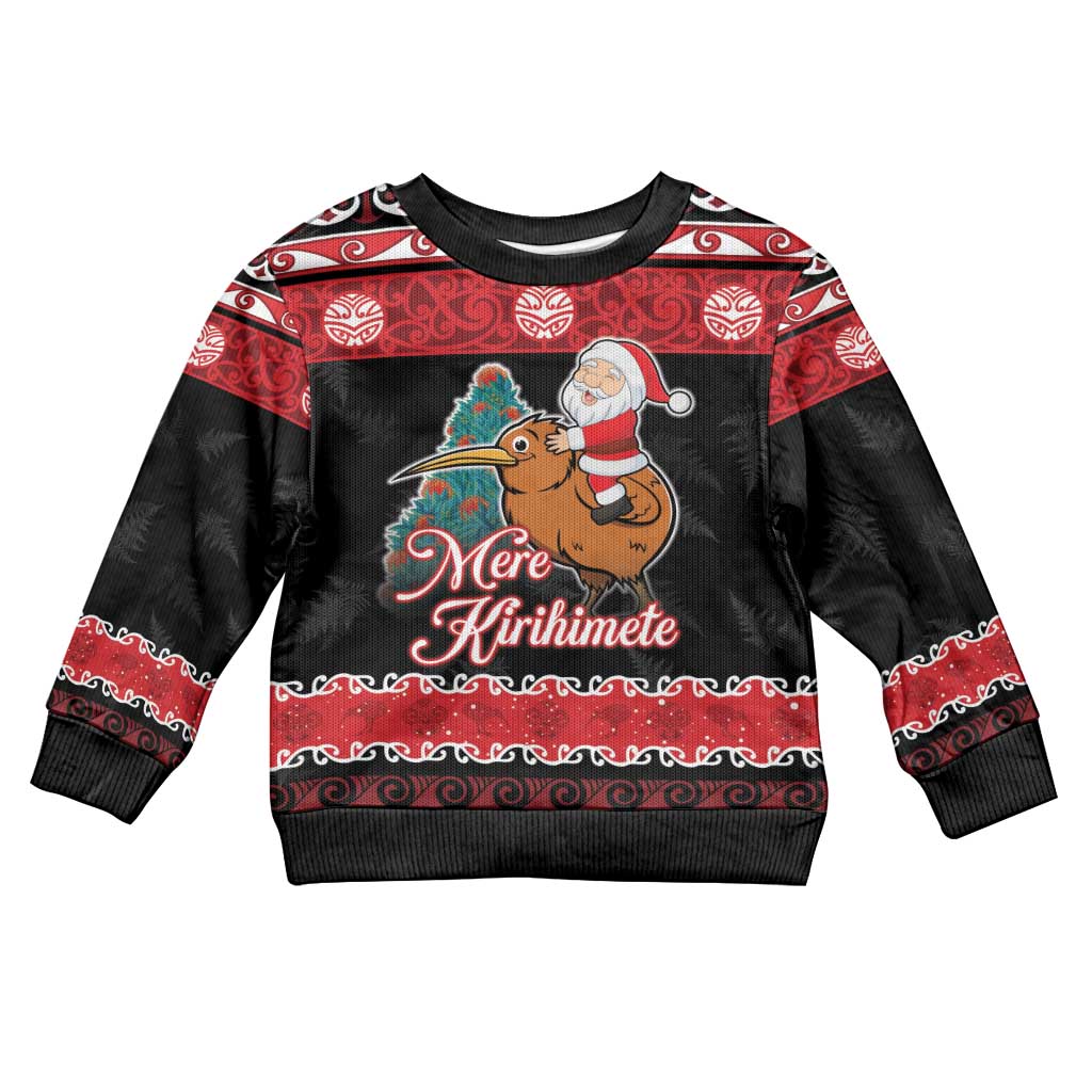 New Zealand Christmas Kid Ugly Christmas Sweater Funny Santa Riding Kiwi Meri Kirihimete