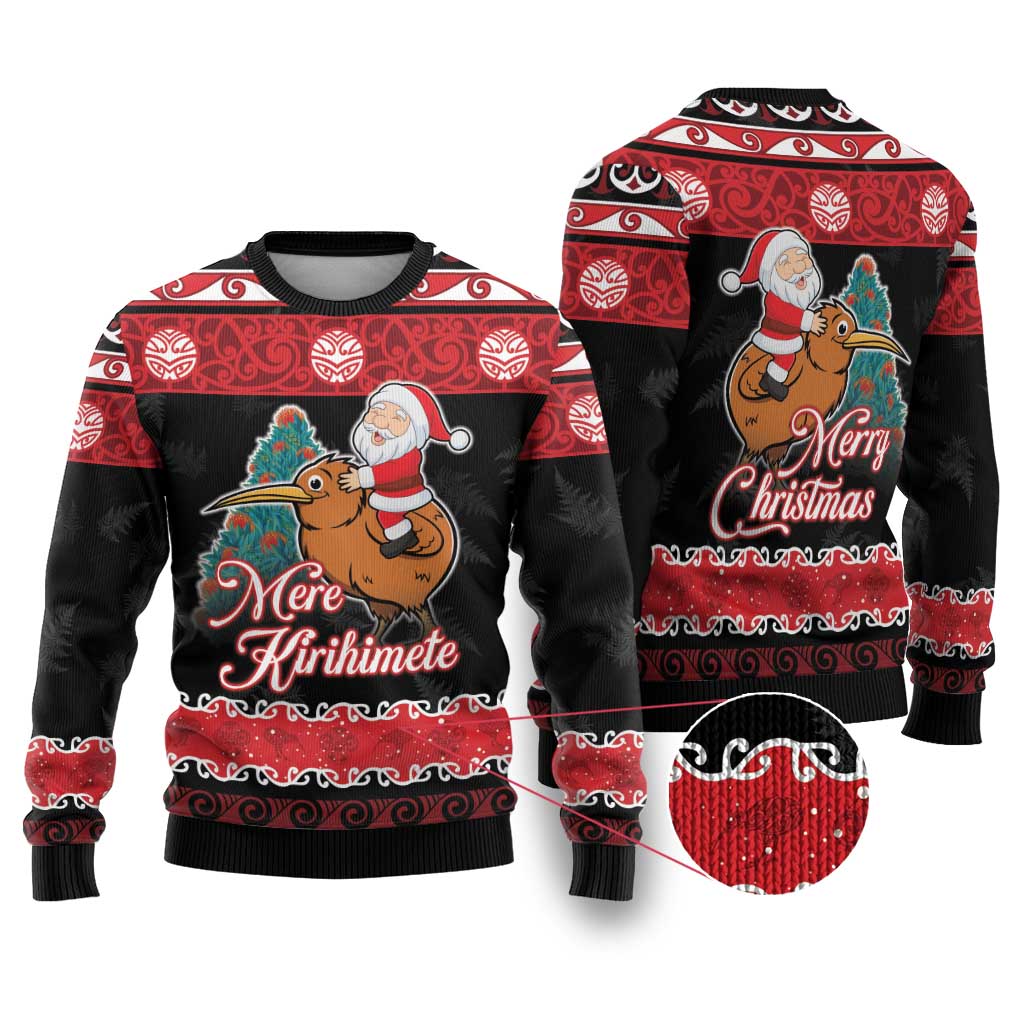 New Zealand Christmas Ugly Christmas Sweater Funny Santa Riding Kiwi Meri Kirihimete