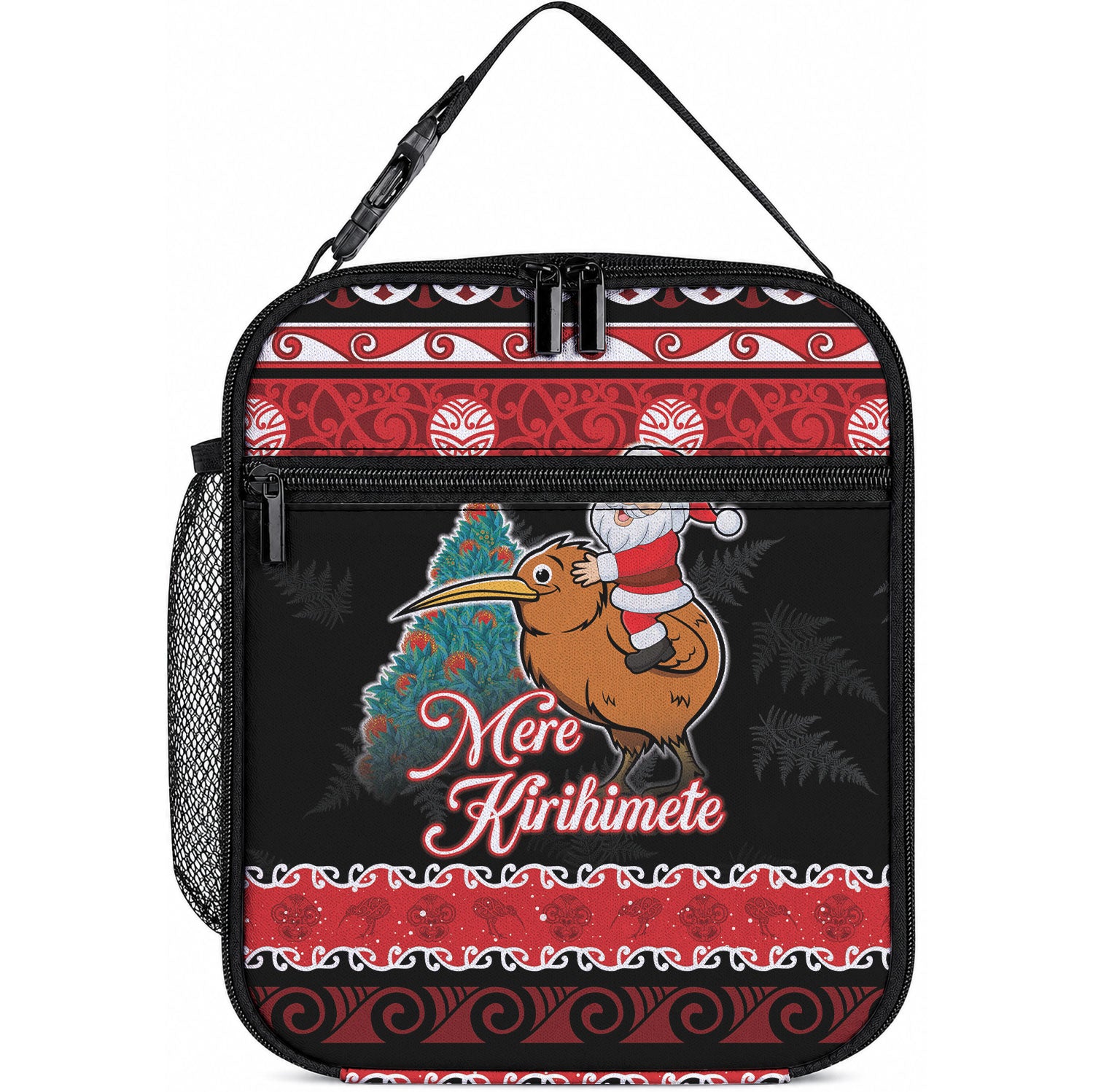 New Zealand Christmas Lunch Bag Funny Santa Riding Kiwi Meri Kirihimete LT05 10.2 × 8.3 × 4.3 inch Black - Polynesian Pride