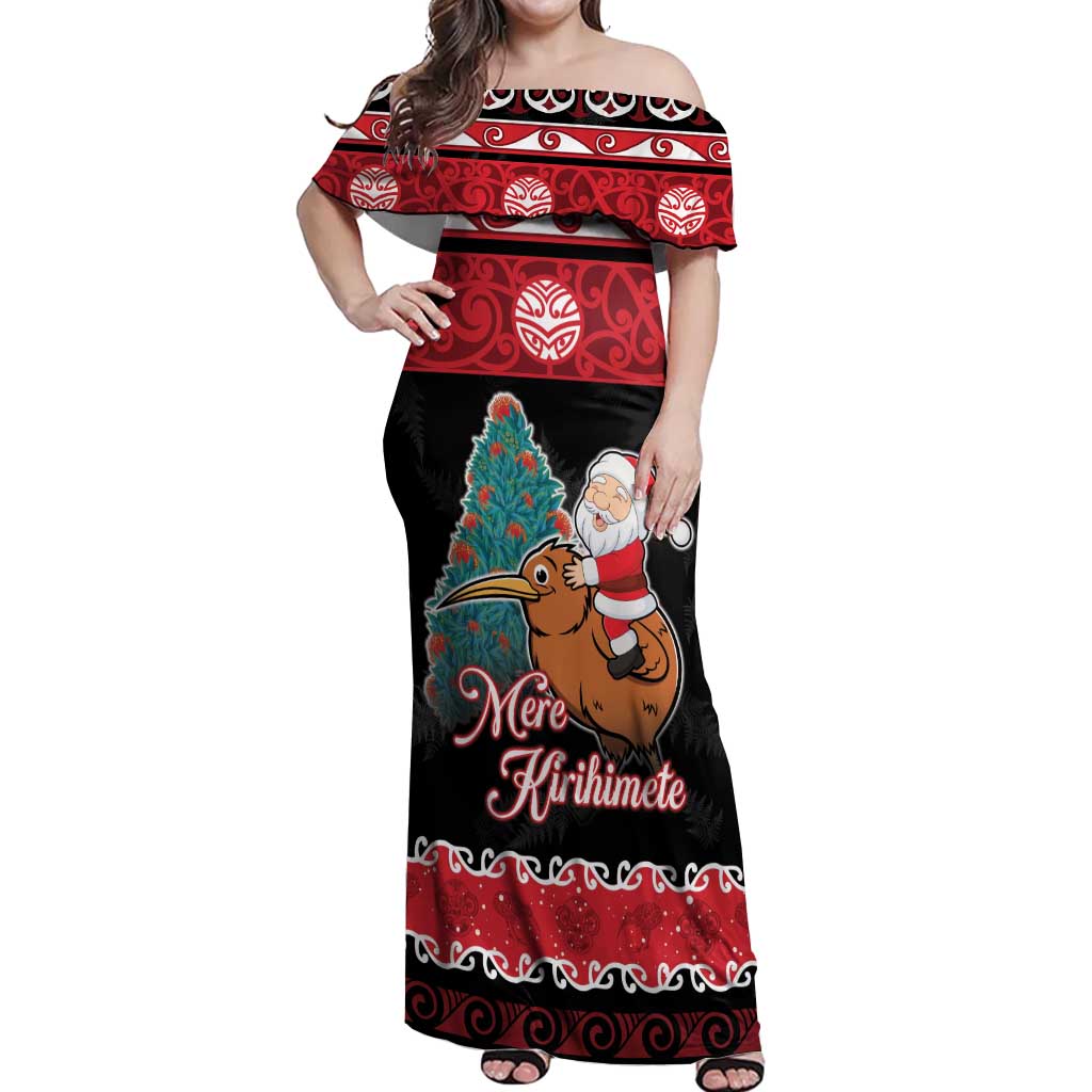 New Zealand Christmas Off Shoulder Maxi Dress Funny Santa Riding Kiwi Meri Kirihimete