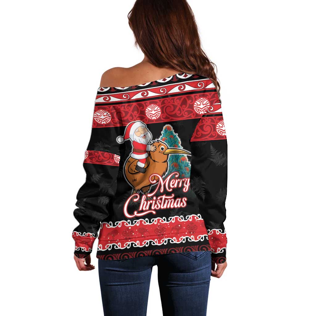 New Zealand Christmas Off Shoulder Sweater Funny Santa Riding Kiwi Meri Kirihimete