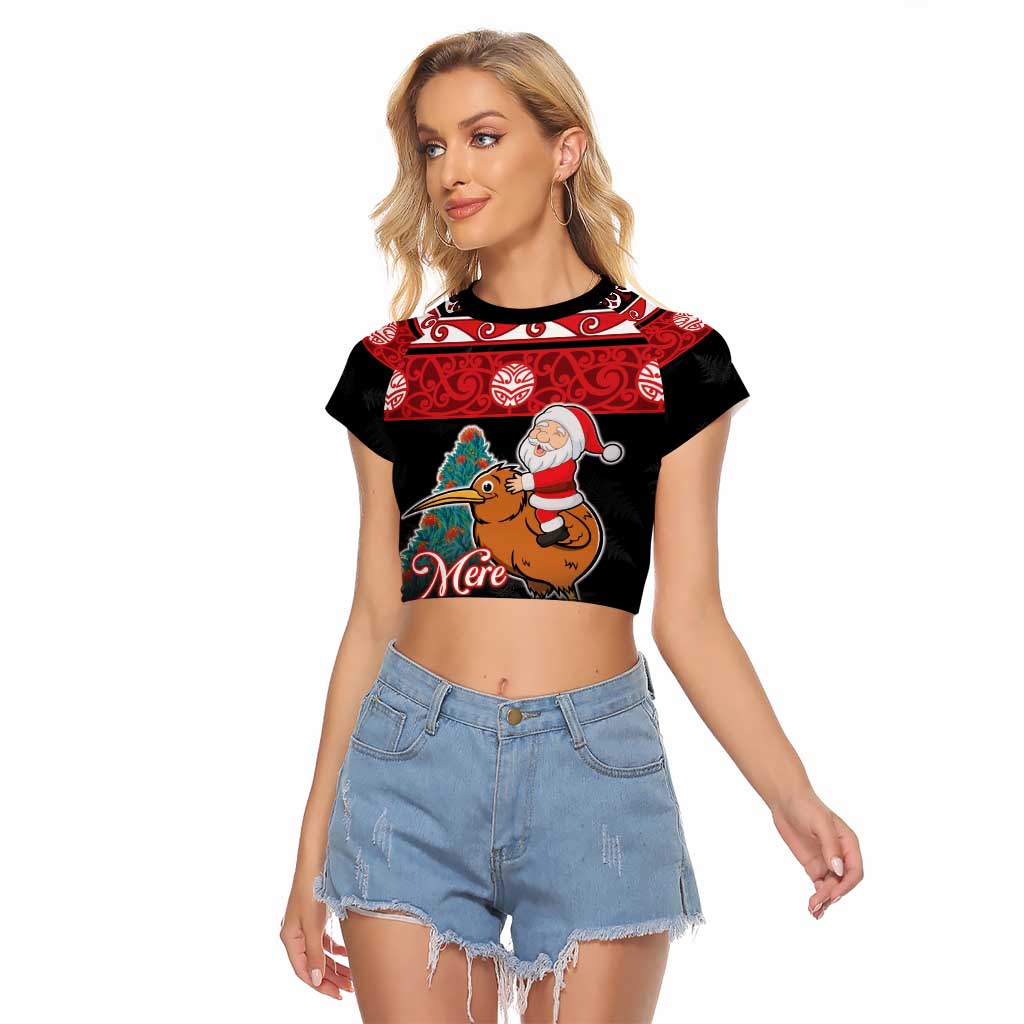 New Zealand Christmas Raglan Cropped T Shirt Funny Santa Riding Kiwi Meri Kirihimete