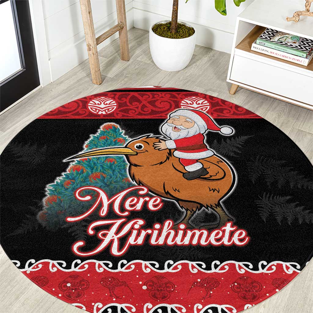 New Zealand Christmas Round Carpet Funny Santa Riding Kiwi Meri Kirihimete