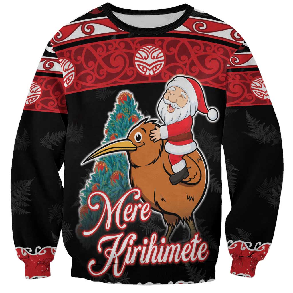 New Zealand Christmas Sweatshirt Funny Santa Riding Kiwi Meri Kirihimete LT05 Unisex Black - Polynesian Pride