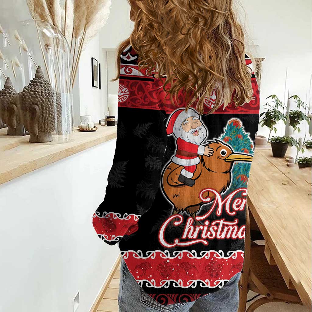 New Zealand Christmas Women Casual Shirt Funny Santa Riding Kiwi Meri Kirihimete