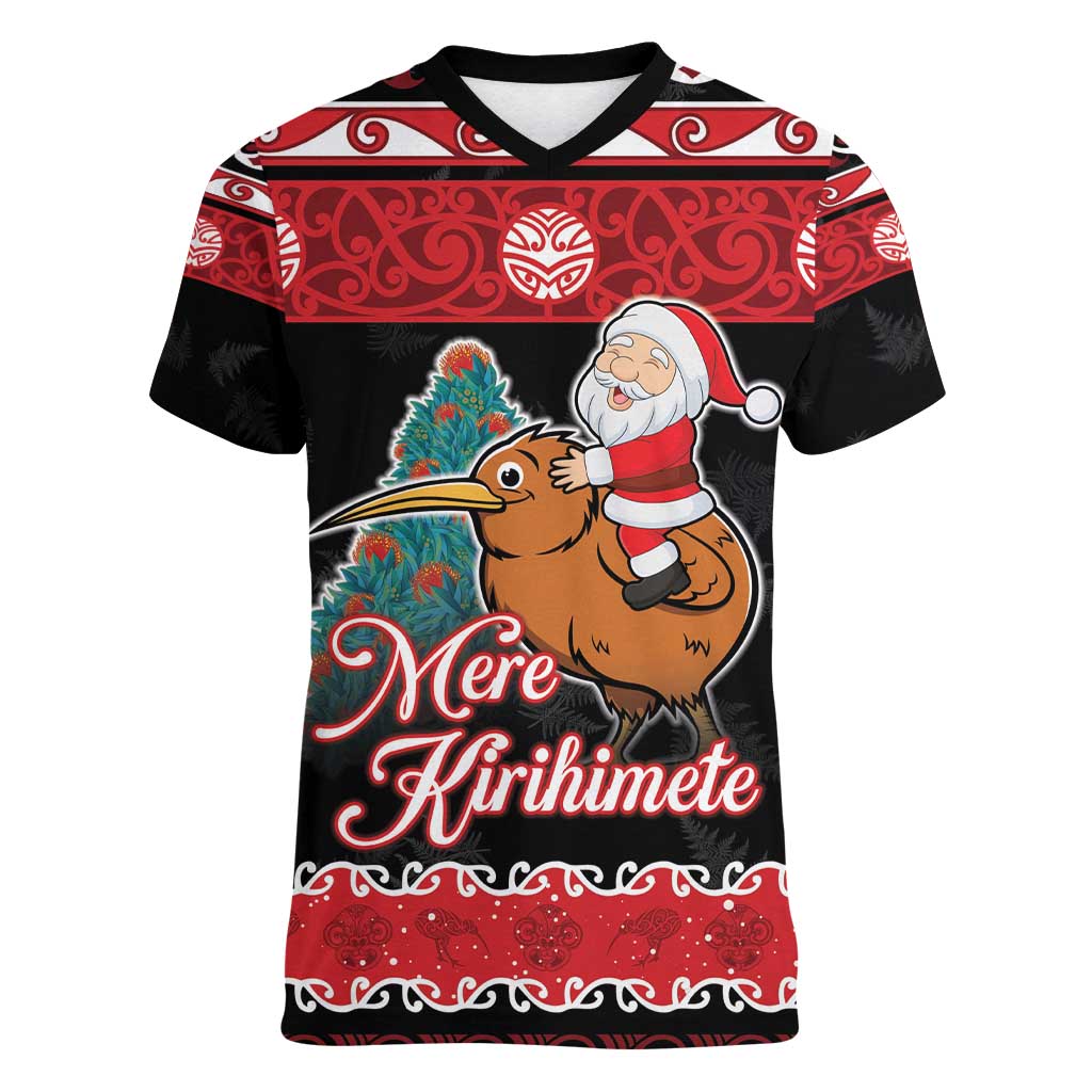 New Zealand Christmas Women V-Neck T-Shirt Funny Santa Riding Kiwi Meri Kirihimete LT05 Female Black - Polynesian Pride
