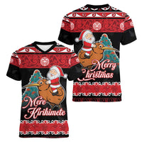 New Zealand Christmas Women V-Neck T-Shirt Funny Santa Riding Kiwi Meri Kirihimete