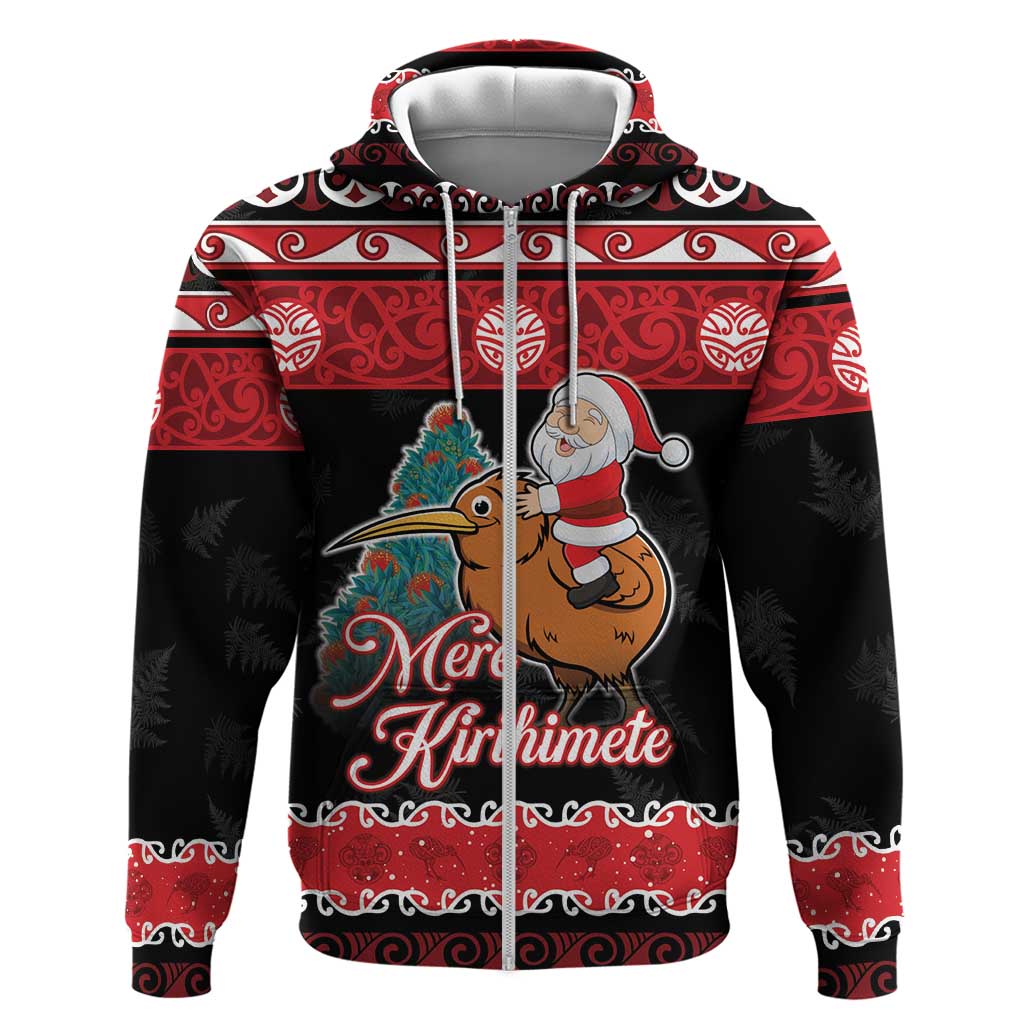 New Zealand Christmas Zip Hoodie Funny Santa Riding Kiwi Meri Kirihimete