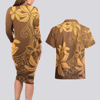 Tiare Tahiti Couples Matching Long Sleeve Bodycon Dress and Hawaiian Shirt Brown Polynesia Motifs - Polynesian Pride