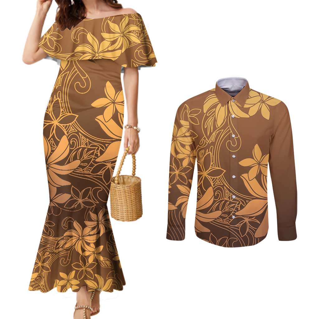 Tiare Tahiti Couples Matching Mermaid Dress and Long Sleeve Button Shirt Brown Polynesia Motifs LT05 Brown - Polynesian Pride