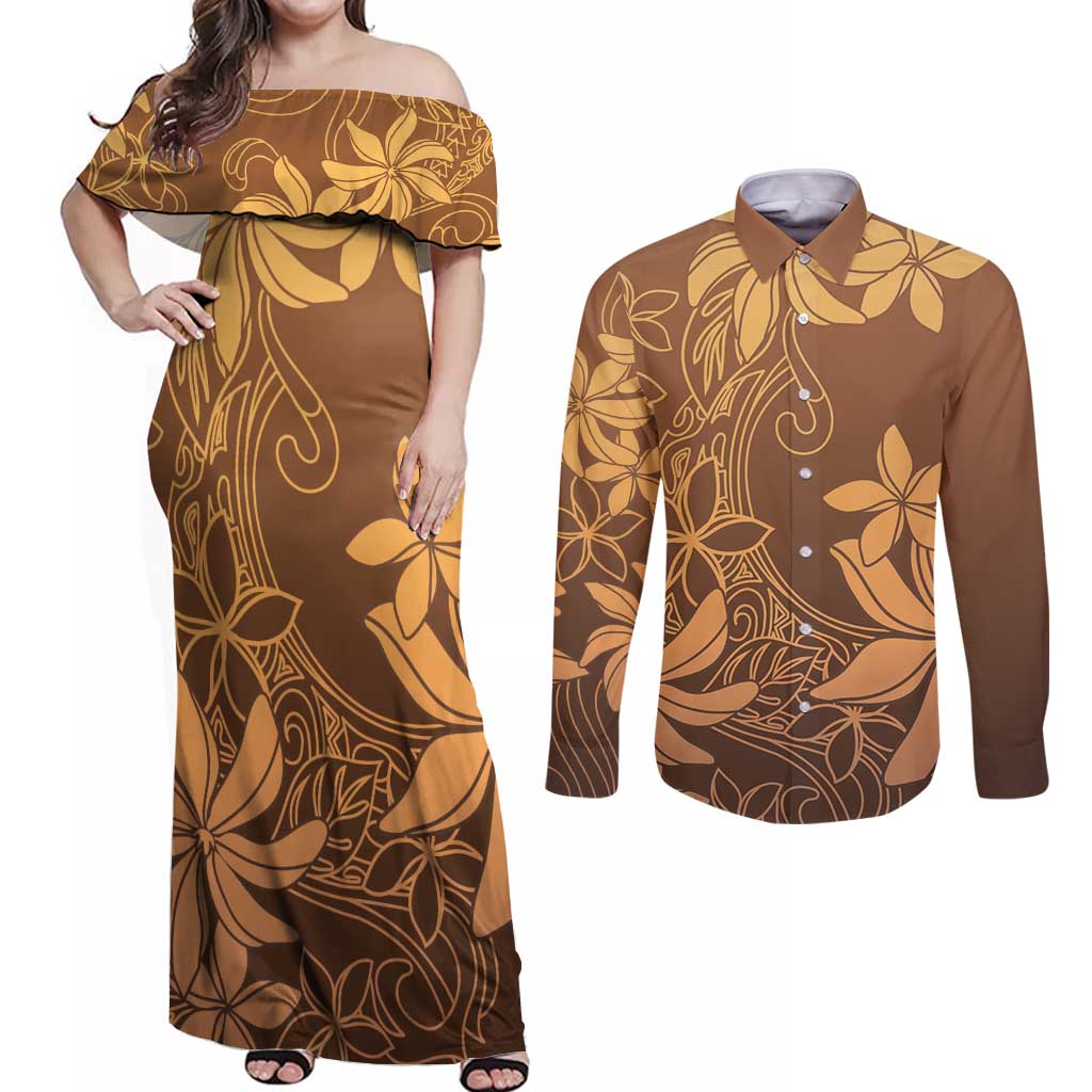 Tiare Tahiti Couples Matching Off Shoulder Maxi Dress and Long Sleeve Button Shirt Brown Polynesia Motifs LT05 Brown - Polynesian Pride