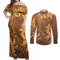 Tiare Tahiti Couples Matching Off Shoulder Maxi Dress and Long Sleeve Button Shirt Brown Polynesia Motifs LT05 Brown - Polynesian Pride
