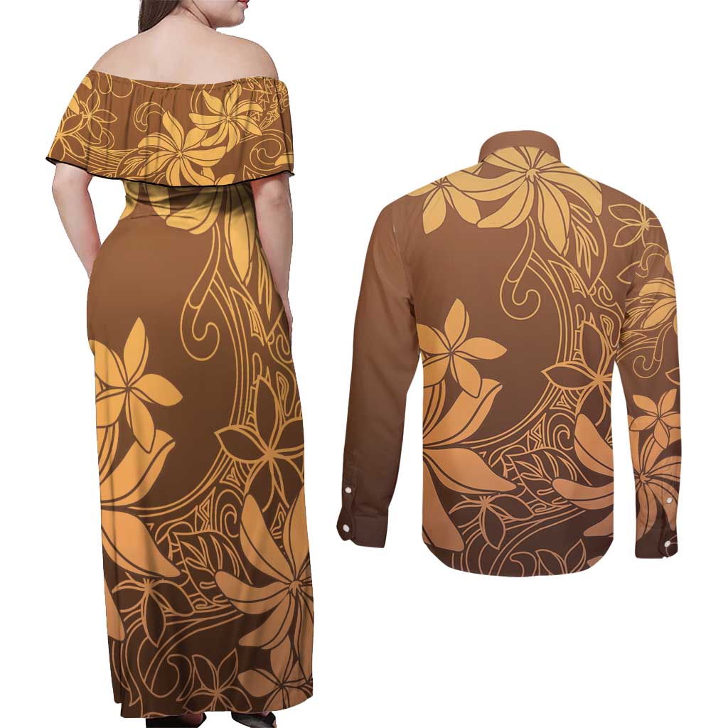 Tiare Tahiti Couples Matching Off Shoulder Maxi Dress and Long Sleeve Button Shirt Brown Polynesia Motifs LT05 - Polynesian Pride