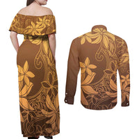 Tiare Tahiti Couples Matching Off Shoulder Maxi Dress and Long Sleeve Button Shirt Brown Polynesia Motifs LT05 - Polynesian Pride