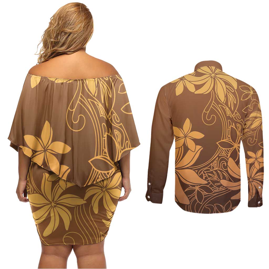 Tiare Tahiti Couples Matching Off Shoulder Short Dress and Long Sleeve Button Shirt Brown Polynesia Motifs LT05 - Polynesian Pride