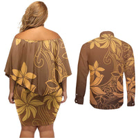 Tiare Tahiti Couples Matching Off Shoulder Short Dress and Long Sleeve Button Shirt Brown Polynesia Motifs LT05 - Polynesian Pride