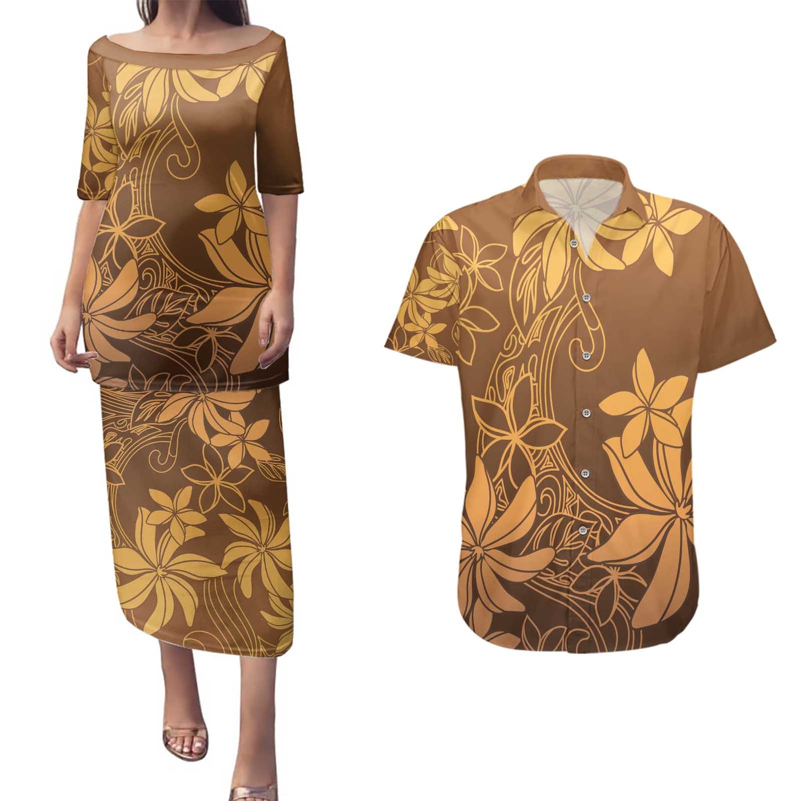Tiare Tahiti Couples Matching Puletasi and Hawaiian Shirt Brown Polynesia Motifs LT05 Brown - Polynesian Pride