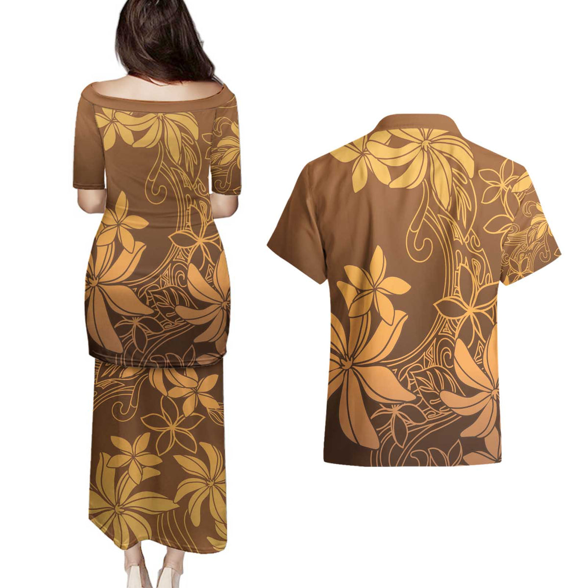 Tiare Tahiti Couples Matching Puletasi and Hawaiian Shirt Brown Polynesia Motifs LT05 - Polynesian Pride