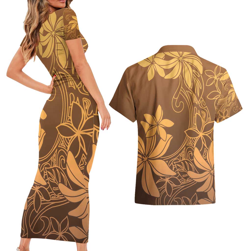 Tiare Tahiti Couples Matching Short Sleeve Bodycon Dress and Hawaiian Shirt Brown Polynesia Motifs - Polynesian Pride