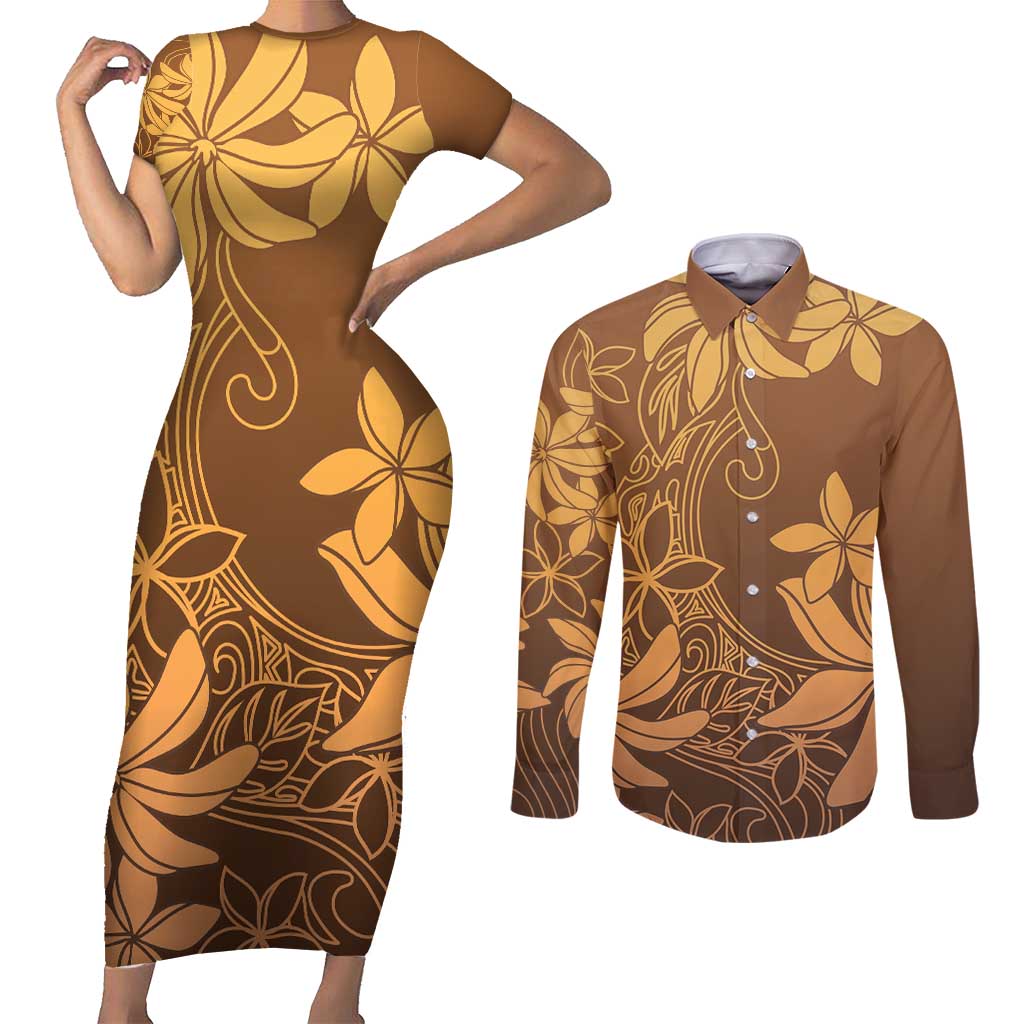 Tiare Tahiti Couples Matching Short Sleeve Bodycon Dress and Long Sleeve Button Shirt Brown Polynesia Motifs LT05 Brown - Polynesian Pride
