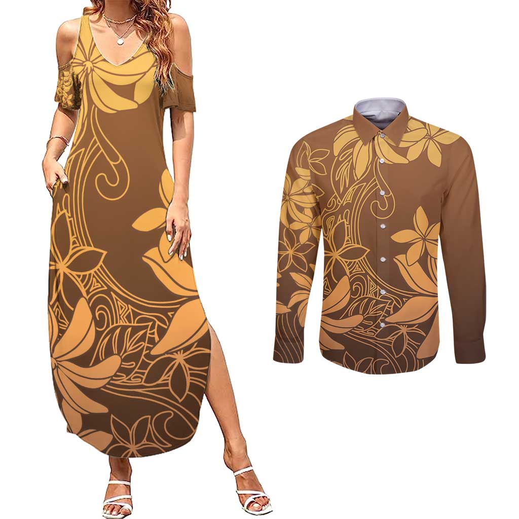 Tiare Tahiti Couples Matching Summer Maxi Dress and Long Sleeve Button Shirt Brown Polynesia Motifs LT05 Brown - Polynesian Pride