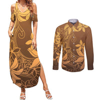 Tiare Tahiti Couples Matching Summer Maxi Dress and Long Sleeve Button Shirt Brown Polynesia Motifs LT05 Brown - Polynesian Pride