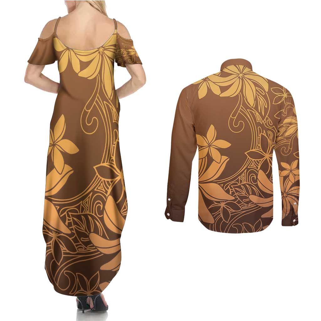 Tiare Tahiti Couples Matching Summer Maxi Dress and Long Sleeve Button Shirt Brown Polynesia Motifs LT05 - Polynesian Pride