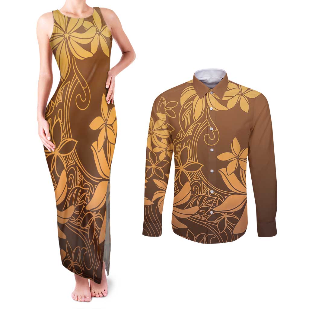 Tiare Tahiti Couples Matching Tank Maxi Dress and Long Sleeve Button Shirt Brown Polynesia Motifs LT05 Brown - Polynesian Pride