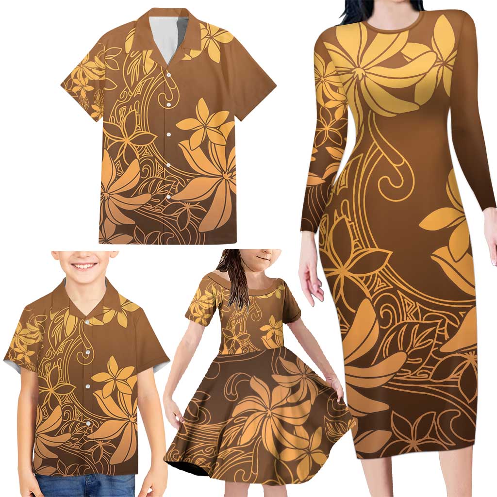 Tiare Tahiti Family Matching Long Sleeve Bodycon Dress and Hawaiian Shirt Brown Polynesia Motifs - Polynesian Pride