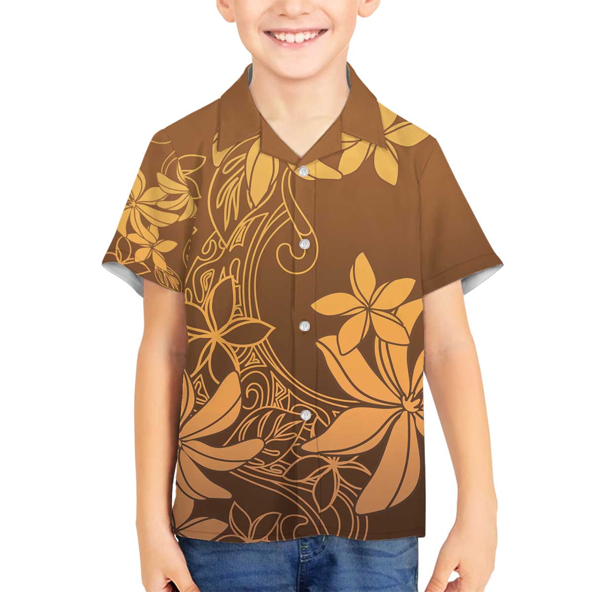 Tiare Tahiti Family Matching Off The Shoulder Long Sleeve Dress and Hawaiian Shirt Brown Polynesia Motifs - Polynesian Pride