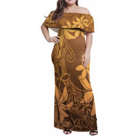 Tiare Tahiti Family Matching Off Shoulder Maxi Dress and Hawaiian Shirt Brown Polynesia Motifs - Polynesian Pride