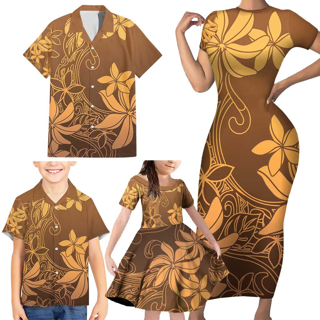 Tiare Tahiti Family Matching Short Sleeve Bodycon Dress and Hawaiian Shirt Brown Polynesia Motifs - Polynesian Pride