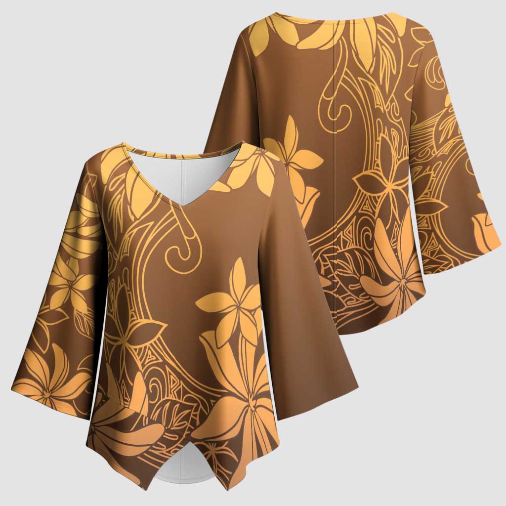 Tiare Tahiti Kimono Sleeve Blouse Brown Polynesia Motifs LT05 - Polynesian Pride
