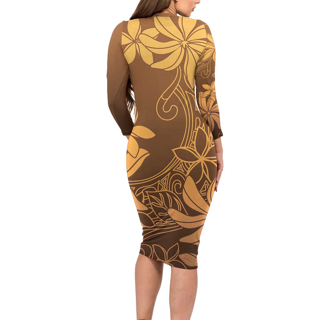 Tiare Tahiti Long Sleeve Bodycon Dress Brown Polynesia Motifs - Polynesian Pride