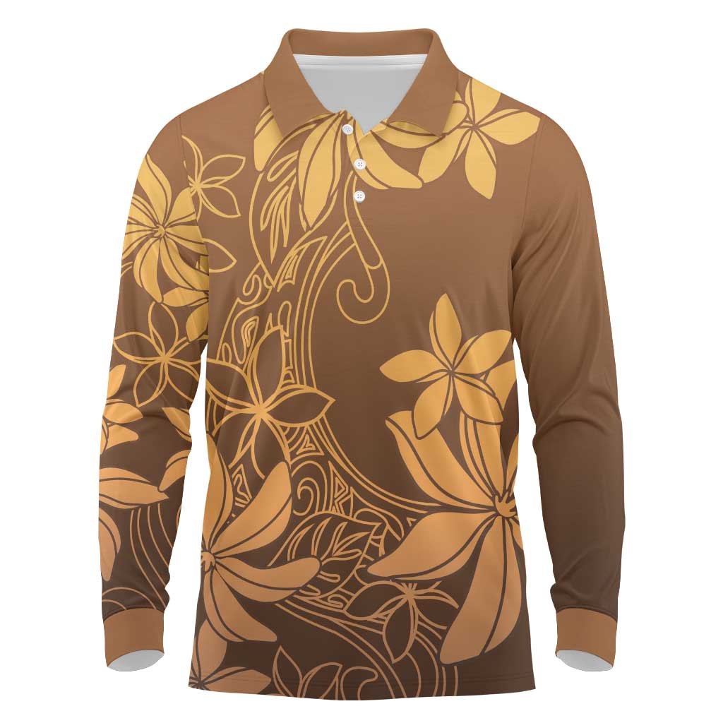 Tiare Tahiti Long Sleeve Polo Shirt Brown Polynesia Motifs LT05 Brown - Polynesian Pride