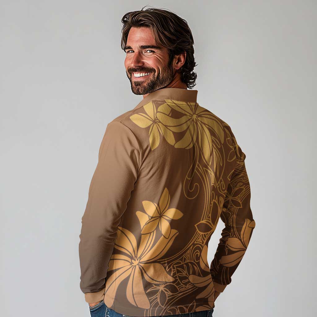 Tiare Tahiti Long Sleeve Polo Shirt Brown Polynesia Motifs LT05 - Polynesian Pride