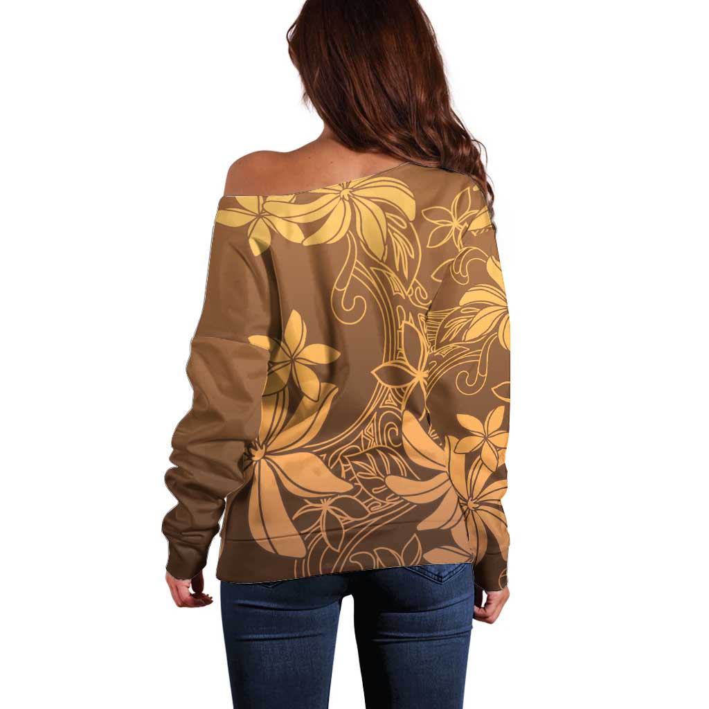 Tiare Tahiti Off Shoulder Sweater Brown Polynesia Motifs - Polynesian Pride