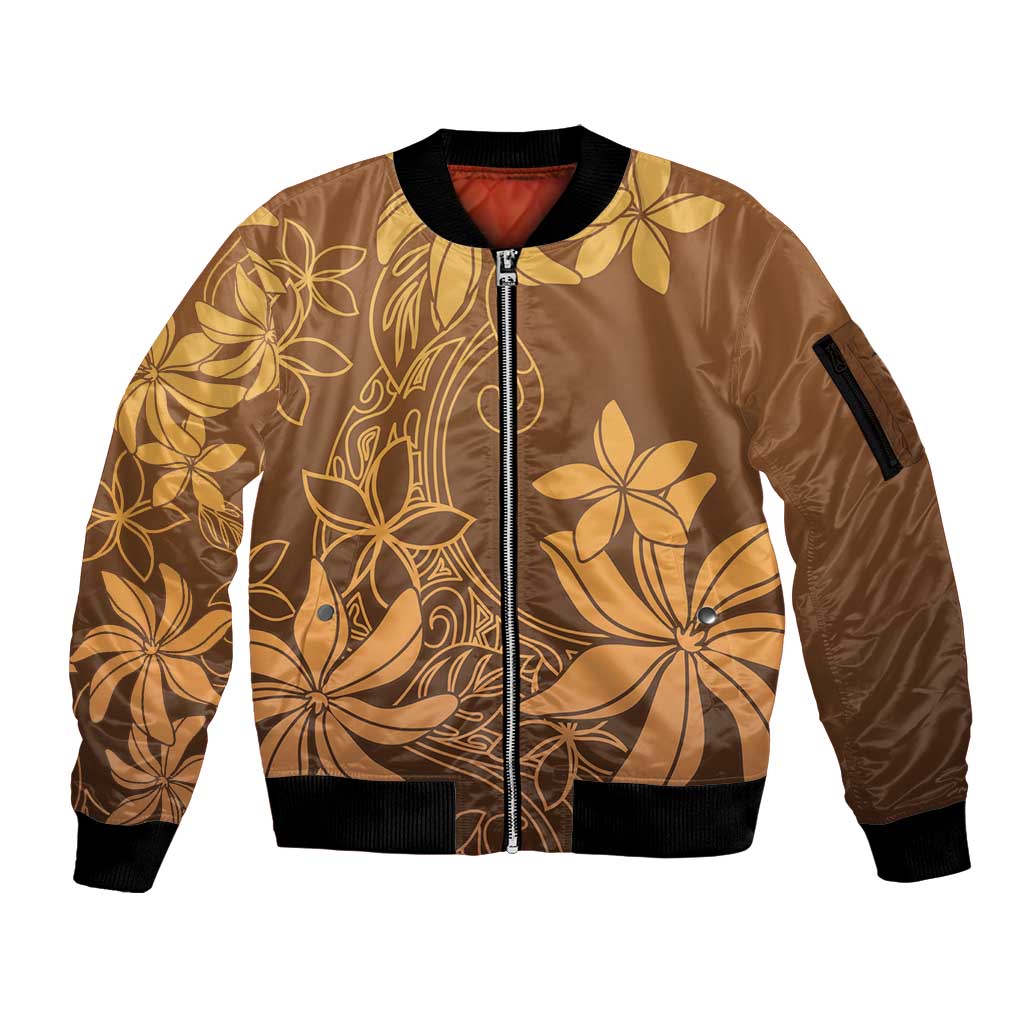 Tiare Tahiti Sleeve Zip Bomber Jacket Brown Polynesia Motifs - Polynesian Pride