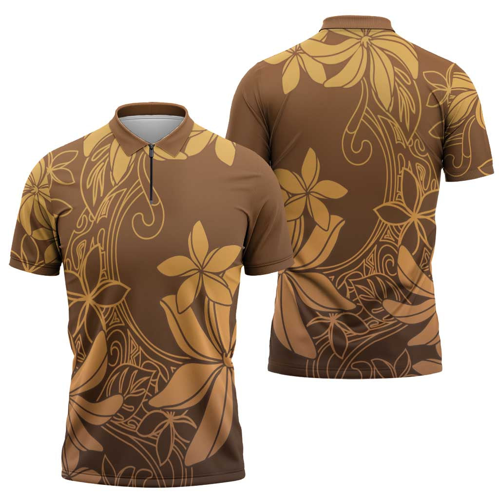 Tiare Tahiti Zipper Polo Shirt Brown Polynesia Motifs LT05 - Polynesian Pride