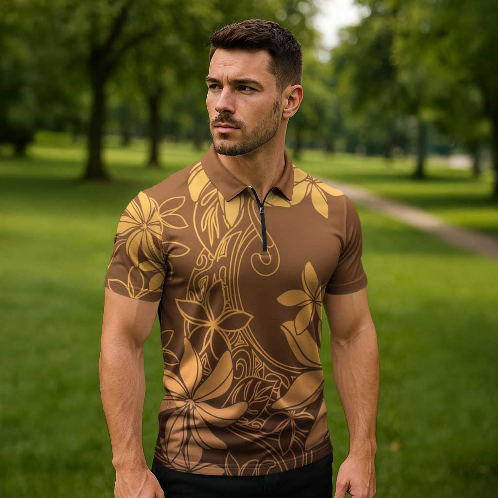 Tiare Tahiti Zipper Polo Shirt Brown Polynesia Motifs LT05 - Polynesian Pride