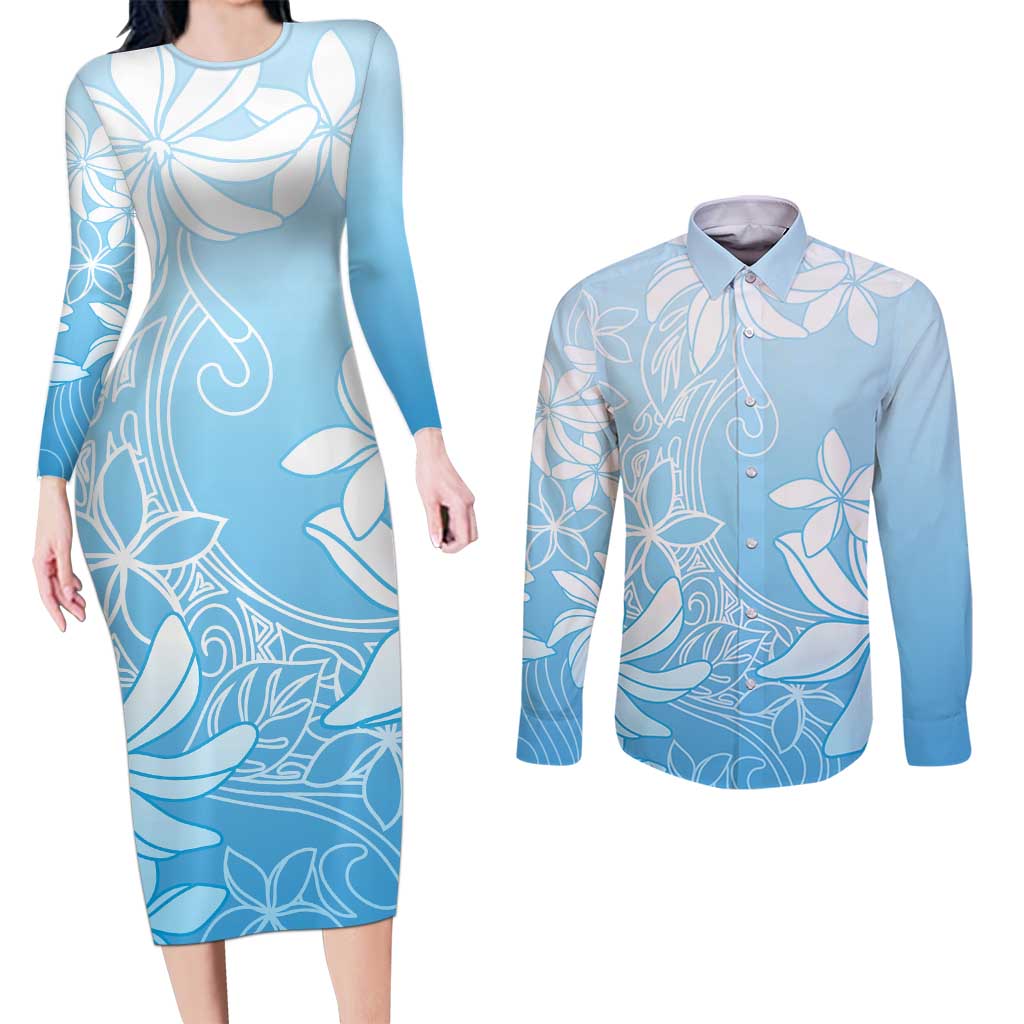 Tiare Tahiti Couples Matching Long Sleeve Bodycon Dress and Long Sleeve Button Shirt Blue Polynesia Motifs LT05 Blue - Polynesian Pride