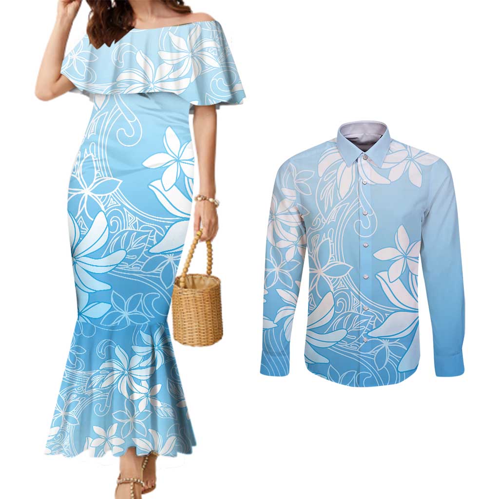 Tiare Tahiti Couples Matching Mermaid Dress and Long Sleeve Button Shirt Blue Polynesia Motifs LT05 Blue - Polynesian Pride