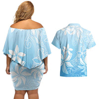 Tiare Tahiti Couples Matching Off Shoulder Short Dress and Hawaiian Shirt Blue Polynesia Motifs - Polynesian Pride