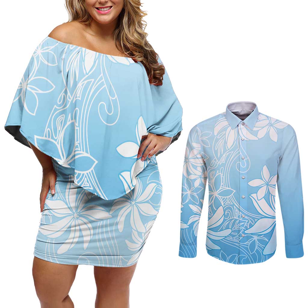 Tiare Tahiti Couples Matching Off Shoulder Short Dress and Long Sleeve Button Shirt Blue Polynesia Motifs LT05 Blue - Polynesian Pride