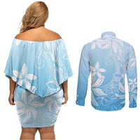 Tiare Tahiti Couples Matching Off Shoulder Short Dress and Long Sleeve Button Shirt Blue Polynesia Motifs LT05 - Polynesian Pride