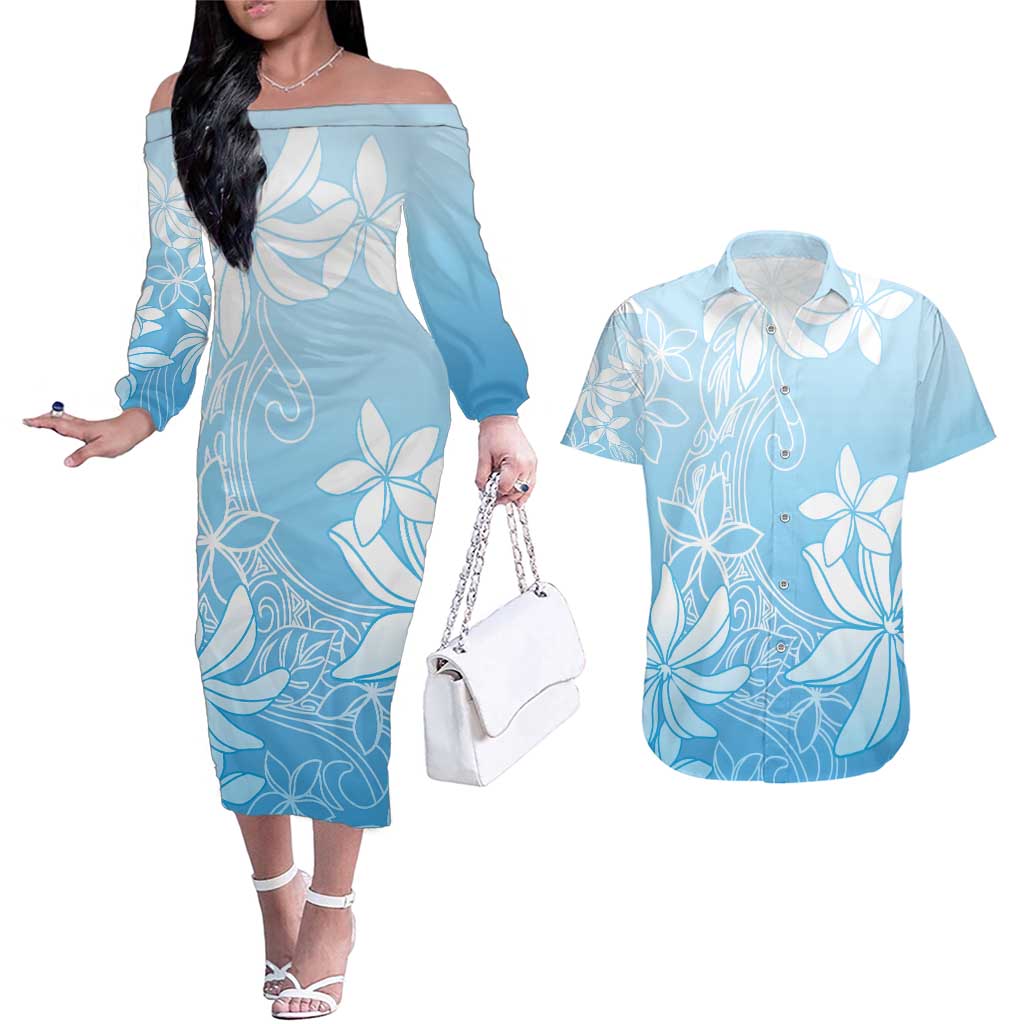 Tiare Tahiti Couples Matching Off The Shoulder Long Sleeve Dress and Hawaiian Shirt Blue Polynesia Motifs - Polynesian Pride