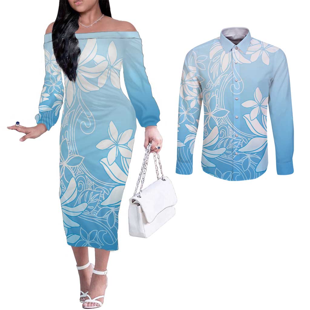 Tiare Tahiti Couples Matching Off The Shoulder Long Sleeve Dress and Long Sleeve Button Shirt Blue Polynesia Motifs LT05 Blue - Polynesian Pride