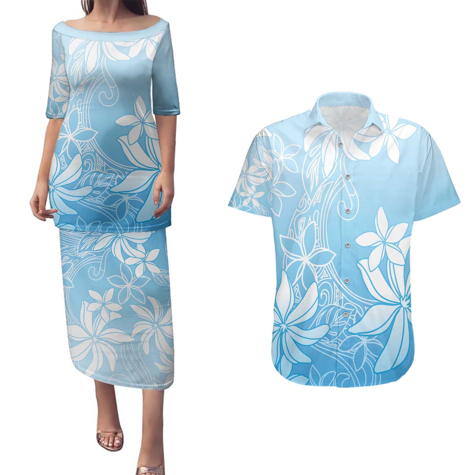 Tiare Tahiti Couples Matching Puletasi and Hawaiian Shirt Blue Polynesia Motifs LT05 Blue - Polynesian Pride