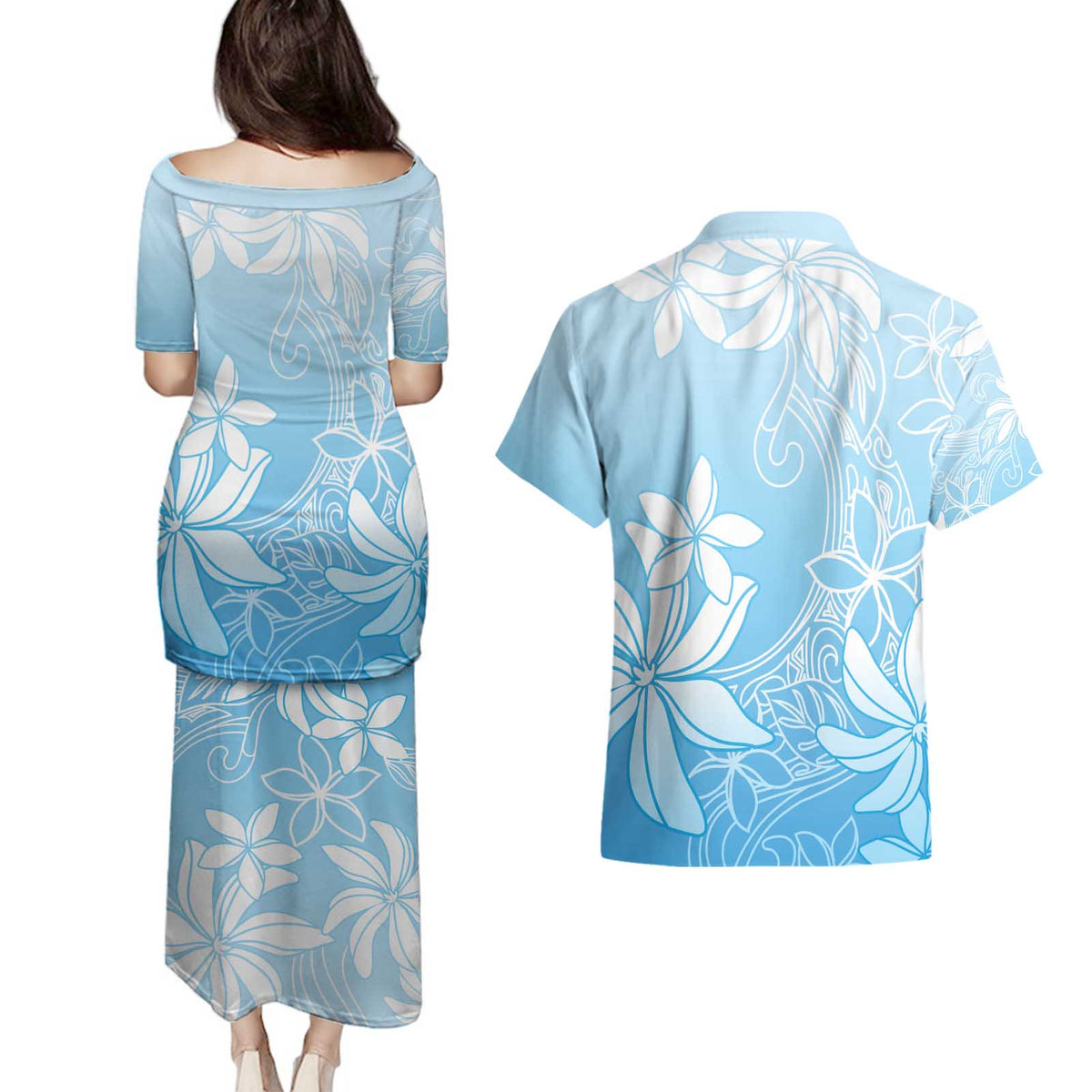 Tiare Tahiti Couples Matching Puletasi and Hawaiian Shirt Blue Polynesia Motifs LT05 - Polynesian Pride